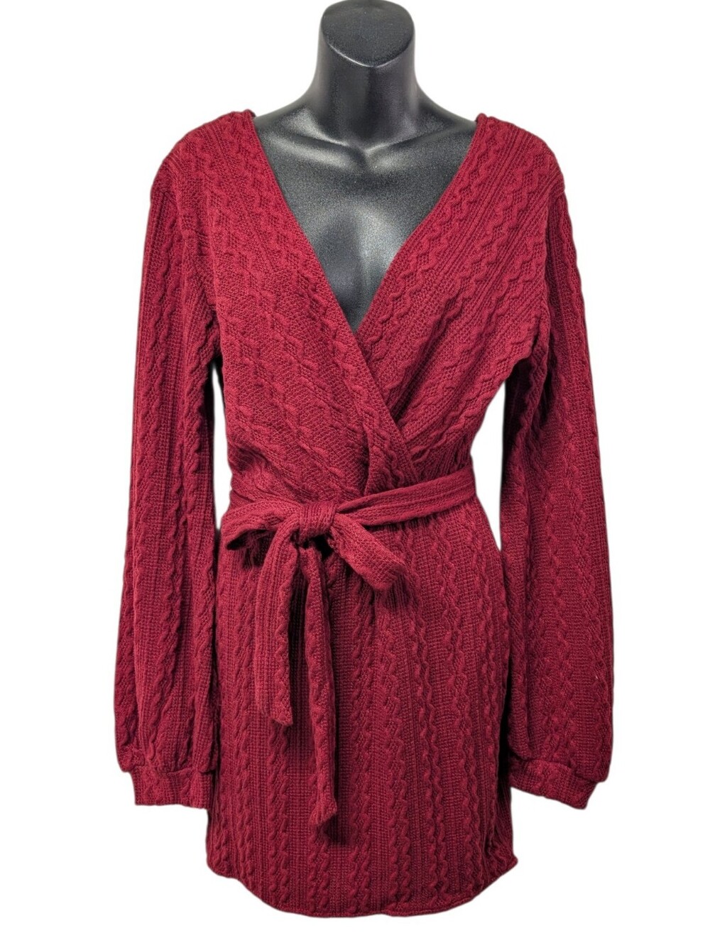 CBRAND Women's Red Knit Wrap Sweater Dress V-Neck Belted Tie XL Short